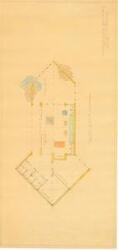 ["The document represents a plan item is a floor plan of the cabana at the Kerr residence in Poteau, Oklahoma. Item is hand-colored. Floor plan (diazotype, blackline print; color); 17 3/16 x 35 3/4 inches."]