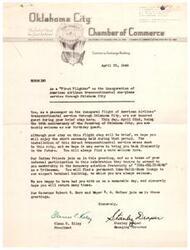["The document  is a letter of welcome and appreciation to a passenger on the inaugural flight of American Airlines' transcontinental service through Oklahoma City. The document expresses gratitude for the passenger's visit on the 56th anniversary of the founding of Oklahoma City and invites them to enjoy a brief ceremony during their stay. The document also extends membership in an honorary aviation fraternity and assures a warm welcome for future visits. The Governor and Mayor also send their greetings."]