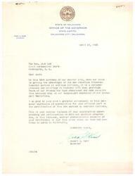 ["The document  is a letter from Governor Robert S. Kerr of Oklahoma to the Honorable  Josh Lee, thanking him for his role in certifying a new transcontinental air service by American Airlines in the state. Kerr expresses gratitude for Lee's support of aviation progress and his continued service to Oklahoma."]