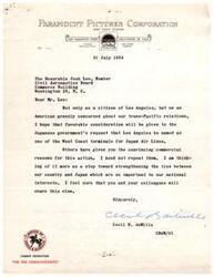 ["Cecil B. DeMille, a citizen of Los Angeles and concerned American, wrote a letter to the Civil Aeronautics Board supporting the request for Los Angeles to be named as a West Coast terminal for Japan Air Lines. He emphasized the importance of strengthening ties between the US and Japan. The Board acknowledged receipt of his letter and assured careful consideration of the matter."]
