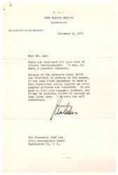 ["The White House is thanking Mr. Lee for attending a pleasant luncheon and explaining that due to the President's busy schedule, they have a restricted policy on autographed pictures. They will hold his request and may be able to fulfill it at a later date."]