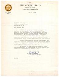 ["The Mayor of Fort Smith, Arkansas, H. R. Hestand, expresses appreciation to Senator Josh Lee for attending and speaking at the inauguration of Central Airlines service between Dallas and Fort Smith. The city administration is actively promoting the new service and is hopeful for future service inaugurations."]