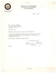 ["The Governor of Arkansas, Francis Cherry, thanks Mr. Josh Lee for his recent visit and encloses a Certificate making him an official \"Arkansas Traveler\"."]