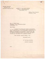 ["Jennings Randolph expresses gratitude to L. Welch Pogue for his attention to the Elkins airport dedication program. He mentions a speech by Josh Lee and a large turnout of citizens despite bad weather."]