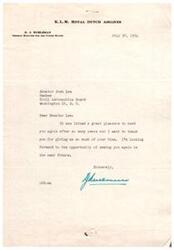 ["The General Manager for K.L.M. Royal Dutch Airlines in the United States, D.J. Koeleman, writes to Senator Josh Lee of the Civil Aeronautics Board to thank him for their recent meeting and expresses a desire to meet again in the near future."]