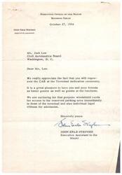 ["The Executive Assistant to the Mayor of Houston, Texas, John Erle Stephen, writes to Mr. Josh Lee of the Civil Aeronautics Board in Washington, D.C., thanking him for representing the CAB at a terminal dedication ceremony. He invites Mr. Lee and his friends as honored guests and provides windshield cards for reserved parking and lapel ribbons for admission."]