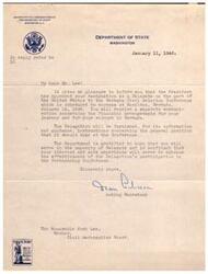 ["The document informs Mr. Lee that he has been approved as a Delegate to the Bermuda Civil Aviation Conference and provides details on the financial arrangements. The Department is confident in Mr. Lee's abilities and looks forward to his participation in the conference. The document is signed by the Acting Secretary of State."]