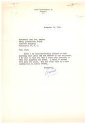 ["Lewis Carter Burwell Jr. wrote a letter to Josh Lee of the Civil Aeronautics Board, expressing support for his position in a recent dispute, despite being generally opposed to aiding railroads. Burwell commended Lee for showing both courage and intelligence in his decision."]