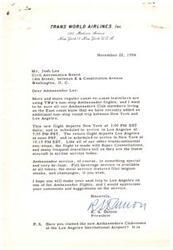 ["The President of Trans World Airlines is informing Ambassador Lee of a new non-stop flight between New York and Los Angeles, operated with Super Constellations. The Ambassador service includes full beverage service and filet mignon steaks. The President invites Ambassador Lee to try the new flight and visit the new Ambassadors Clubrooms at the Los Angeles International Airport."]