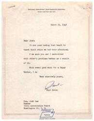 ["The Second Assistant Postmaster General had a heart-to-heart conversation with Josh Lee, a member of the Civil Aeronautics Board, which helped them understand each other's problems better. The document expresses good wishes for a Happy Easter."]