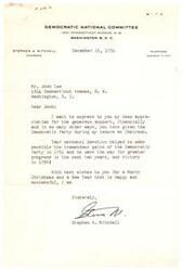 ["Stephen A. Mitchell, Chairman of the Democratic National Committee, thanks Josh Lee for his generous support of the Democratic Party during his tenure. Mitchell expresses gratitude for Lee's financial contributions and dedication, which contributed to the party's success in 1954 and lays the groundwork for future progress and victory in 1956. He wishes Lee a Merry Christmas and a happy and successful New Year."]