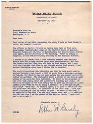 ["The document  consists of a series of letters exchanged between Alben W. Barkley and Josh Lee, discussing various topics such as Fred Vinson's many offices, Barkley's keynote address and nomination, and their support for each other in political endeavors. Lee praises Barkley's speeches and expresses admiration for his political skills. Barkley appreciates Lee's support and expresses hope for success in their political campaigns."]