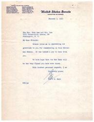 ["Senator Robert S. Kerr expresses gratitude to the Honorable  Josh Lee and Mrs. Lee for remembering him and his wife during the Christmas season. He wishes them a happy new year and sends his kindest regards."]