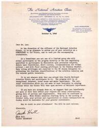["The National Aviation Clinic is being held in Oklahoma City from October 14-17, 1946 and is sponsored by the National Aeronautic Association and the Oklahoma City Chamber of Commerce. Consultants have been selected to participate in the program and are encouraged to attend and contribute to discussions and debates on aviation-related topics. Hotel reservations should be made promptly, and consultants are urged to arrive on October 13 for convenience."]