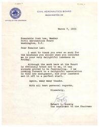 ["The document is a thank you note from Robert L. Kunzig to Senator Josh Lee for including him in a luncheon. Kunzig expresses gratitude and excitement for his new assignment at the Civil Aeronautics Board."]
