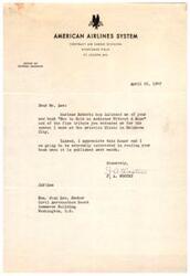 ["The General Manager of American Airlines Contract Air Cargo Division in St. Joseph, MO, Ta-Weeden A. Wooten, wrote a letter to Honorable  Josh Lee, Member of the Civil Aeronautics Board, thanking him for the tribute he received in Lee's new book \"How to Hold an Audience Without A Rope\" and expressing interest in reading the book when it is published next month."]