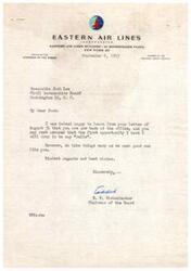 ["The Chairman of Eastern Air Lines, E.V. Rickenbacker, writes a letter to Josh Lee of the Civil Aeronautics Board expressing happiness at his return to the office and offering to visit soon. Rickenbacker also encourages Lee to take it easy, as he is considered a valuable asset."]