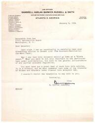["The document  is a letter from E. Smythe Gambrell to Senator Josh Lee, praising his dissenting opinion in a specific case and stating that it is important not only to that case but to air carrier economic regulation in general. Gambrell commends Senator Lee for his work on the opinion and compares it to the dissents of Holmes and Brandeis that later became accepted law."]
