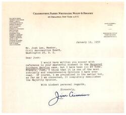 ["The document  is a letter dated January 12, 1954, addressed to Mr. Josh Lee from Jan Cimmus. Cimmus praises Lee's dissent in the Reopened Southern Service case, describing it as scholarly and comprehensive, and stating that it completely demolishes the Majority Opinion. Cimmus also mentions that they have been ill at home, which is why they are writing to Lee only now."]