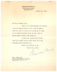 ["Bernard Baruch acknowledges receiving a book from Senator Lee and expresses his intention to read it in South Carolina. He expresses a desire to meet and discuss the issues they both face."]