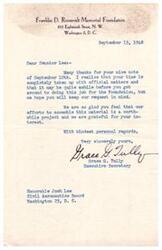 ["The Franklin D. Roosevelt Memorial Foundation sent a letter to Senator Lee thanking him for his note and expressing gratitude for his interest in their project to assemble material. They acknowledged his busy schedule and hoped he would keep their request in mind. The document was signed by Grace G. Tully, the Executive Secretary of the Foundation."]
