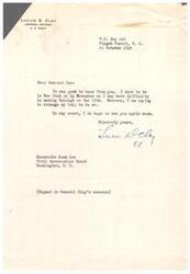 ["General Clay expresses difficulty in making it to Raleigh on November 15th due to a prior commitment in New York on November 14th. He expresses hope to see Senator Lee again soon. The document is signed on behalf of General Clay."]