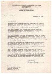 ["The document  is a letter from the Crowell-Collier Publishing Company to Mr. Josh Lee, chairman of the Civil Aeronautics Board, celebrating the anniversary of the Wright Brothers' first flight in a heavier-than-air machine. The document mentions the return of the original Wright plane to the U.S.A, the issuance of a commemorative stamp, and Collier's role in promoting aviation. The document expresses pride in American aviation and invites Mr. Lee to share in the celebration."]
