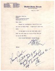 ["The document  is a letter from Robert S. Kerr, a member of the United States Senate Committee on Finance, to Josh Lee, a member of the Civil Aeronautics Board, thanking him for sending a copy of a note he sent to Doyle Pope. Kerr appreciates the gesture and mentions that it was good to see Lee last week. Kerr invites Lee to stop by anytime he is on the Hill and sends his kindest regards."]