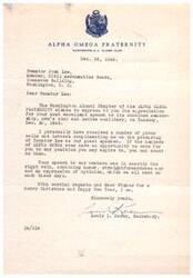 ["The Washington Alumni Chapter of the ALPHA OMEGA FRATERNITY is expressing their appreciation to Senator Josh Lee for his excellent speech to their members. They received compliments on his speech and would support him in any future aspirations. The speech was well-received for its combination of humor, straightforwardness, and optimism. The fraternity wishes Senator Lee a Merry Christmas and Happy New Year."]