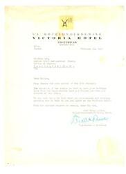 ["The document is a response from the Victoria Hotel in Amsterdam to Mr. Josh Lee, a member of the Civil Aeronautics Board, thanking him for acknowledging his birthday greeting from the hotel. The hotel states that they obtained his birthday from the registration card he filled out when he arrived at the hotel and they hope to see him again in the future."]