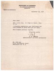 ["The document  is a letter from D.W. Rentzel, the Administrator of Civil Aeronautics, to Mr. Josh Lee at the Civil Aeronautics Board, confirming something that was previously rumored and expressing appreciation for kind words. Rentzel looks forward to being with Lee soon and sends his regards."]