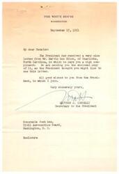 ["The Secretary to the President is informing Senator Josh Lee that the President received a complimentary letter from Mr. Marvin Lee Ritch, and is sending a copy of it to the Senator. The document expresses good wishes from the President."]
