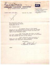["The document  is a letter from Frank Walser, President of the Newspaper Publishers' Association, thanking Senator Josh Lee for his speech at the association's annual banquet. Walser praises Lee's speech as setting a high standard for future speakers and expresses gratitude for the message and entertainment provided."]