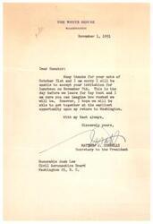 ["The document is a response to an invitation for lunch from Senator Josh Lee, which the sender, Matthew J. Connelly, regrets he cannot attend due to prior commitments before leaving for Key West. He expresses hope for a future opportunity to meet upon his return to Washington."]