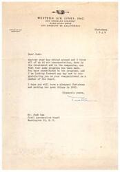 ["The President of Western Airlines is congratulating Josh Lee on his contributions to progress in air transportation in the past year. He hopes for good things for Josh in the upcoming year and looks forward to his reappointment to the Board. The President wishes Josh a pleasant Christmas and a successful 1950."]