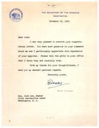 ["The Secretary of the Interior, Oscar Chapman, received a congratulatory letter from Josh Lee and thanked him for his kind words, mentioning that he also appreciates the kindness of the girls in Josh's office. Chapman sends his warm regards to Josh."]