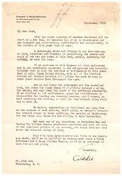 ["The author, Edward V. Rickenbacker, urges his friend Josh to re-evaluate their contributions to the welfare of the United States. He warns against a philosophy of wanting something for nothing, and emphasizes the importance of hard work and dedication to the country. Rickenbacker encourages a focus on spiritual welfare over material possessions, and wishes Josh a Merry Christmas and Happy Holiday Season."]