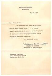 ["The Secretary to the President thanked Senator Lee for his approval of the President's broadcast regarding the steel situation."]