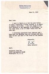 ["Estes Kefauver expresses gratitude for a letter and feedback received from Josh, enclosing a letter from a supporter in California. He appreciates the support and hopes to secure votes at the upcoming Convention."]
