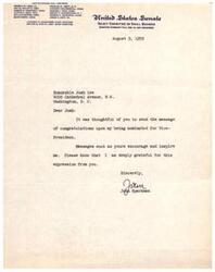 ["The document  is a letter from John Sparkman, thanking Josh Lee for congratulating him on his nomination for Vice-President. Sparkman expresses his gratitude for the message and states that it encourages and inspires him."]