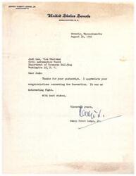 ["Senator Henry Cabot Lodge, Jr. of Massachusetts thanks Josh Lee for his congratulations on the Convention and mentions that it was an interesting fight."]