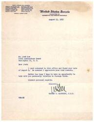 ["The document  is a letter from Warren G. Magnuson, a United States Senator, to Josh Lee of the Civil Aeronautics Board. Magnuson expresses appreciation for Lee's kind remarks and mentions a future opportunity to discuss foreign trade."]