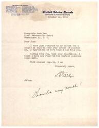["The document  is a letter from Senator J.W. Fulbright to Josh Lee, expressing gratitude for a letter received on October 22. Fulbright is appreciative of the compliment from Lee and values his reputation. The document is dated October 24, 1952."]
