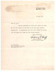 ["General MacArthur has asked Colonel Sidney R. Huff to thank Mr. Josh Lee for his letter and generous expressions. Colonel Huff sends Mr. Lee the general's cordial regards."]