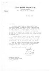 ["The president of Trans World Airlines, R. S. Damon, writes a letter to Josh Lee expressing concern for his health and offering assistance. Damon had heard a rumor that Lee was unwell and wanted to make sure he had friends looking out for him. Lee had been in the hospital in Oklahoma City but was on the road to recovery. Damon offers his support and urges Lee to reach out if he needs help."]