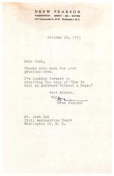 ["Drew Pearson expresses gratitude for a note received from Josh and looks forward to receiving a copy of \"How to Hold an Audience Without a Rope.\""]