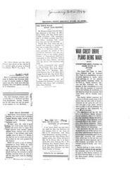["The Woman's Study Club met at the home of Mrs. Steve Willis, with discussions on International Relations and the Fourth War Loan Drive. Plans were made for the War Chest Drive in Snyder, with committees being formed to raise funds. Earl Heald was honored with a birthday supper, and Mrs. Jim McClintic was honored at a luncheon. The drive for the United War Chest of Oklahoma was organized, with canvassers named to collect donations. Contributions can also be made at the First National Bank."]