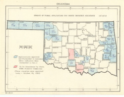 ["This map provides a summary of formal applications for drought emergency assistance in Oklahoma. It measures 8 x 10 1/2 inches and includes shaded areas for clarity."]