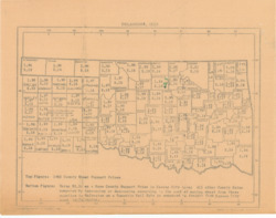["This historical map of Oklahoma displays numerical figures for each county. The top figure shows the 1962 County Wheat Support Prices, while the bottom figure presents adjusted wheat support prices, using $2.10 as a base county support price in the Kansas City area. The map, a graphic document created using thermofax, measures 8 1/2 by 11 inches and is inscribed."]