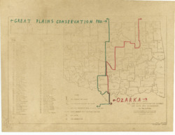 ["The map features a green line tracing county boundaries, with arrows indicating a westward direction. The western part of the state is marked in green as the Great Plains Conservation Pro. Meanwhile, a red line follows county boundaries with arrows pointing eastward, designating the eastern section of the state in red as Ozarka. This thermofax map measures 8 1/2 by 11 inches and includes inscriptions and annotations."]